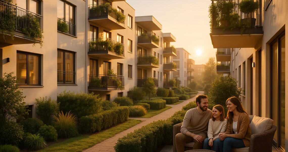 Erstelle ein Bild einer modernen, stilvollen Wohnsiedlung im urbanen Umfeld bei Sonnenaufgang, mit hell erleuchteten, großen Fenstern, grünen Balkonen und gepflegten Gärten, eine Familie, die entspannt auf einer Terrasse sitzt, lächelnd und sich unterhält, freundliche und positive Atmosphäre, natürliche Farben, weiches Licht, fotorealistisch, hochdetailliert, natürliche Lichtstimmung, professionelle Fotografie