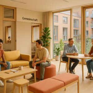 Erstelle ein Bild von einer modernen, einladenden Clusterwohnung in einer urbanen Umgebung, bei Tageslicht. Der Fokus liegt auf einem hellen, offenen Gemeinschaftsraum mit multifunktionalen Möbeln, flexiblen Wänden und viel natürlichem Licht. Im Hintergrund sind kleine private Wohneinheiten mit sichtbaren Fenstern zu erkennen, die Privatsphäre und Gemeinschaft ausstrahlen. Das Bild vermittelt eine positive, inspirierende Atmosphäre, mit harmonischer Farbpalette in warmen Tönen, und zeigt Menschen, die entspannt und zufrieden gemeinsam den Raum nutzen. Kein Schriftzug oder Logos vorhanden. Ein einzelnes gut lesbares Wort (z. B. "Gemeinschaft") kann dezent in die Szene integriert sein.