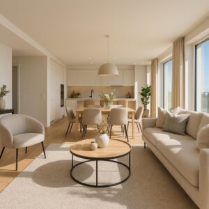 Erstelle ein Bild einer modernen, elegant eingerichteten Immobilie mit offener Raumgestaltung, hell und einladend, in natürlichem Tageslicht, betont durch hochwertige Möbel und stilvolles Home Staging, vor einem klaren, sonnigen Himmel, fotorealistisch, hochdetailliert, professionelle Fotografie